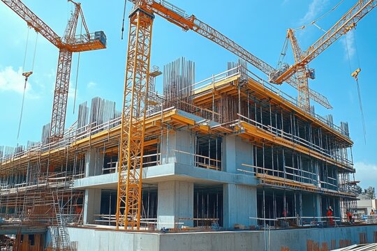 Crane and building construction site against blue sky