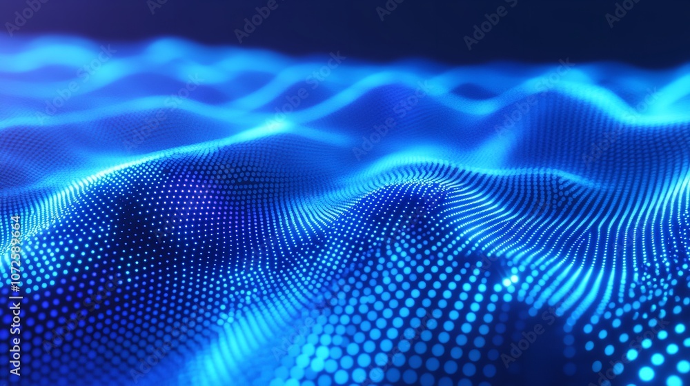 Poster abstract radial dots pattern halftone on a blue gradient background: