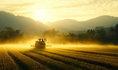 A combine harvester working in a field at sunrise, with a misty background of mountains and trees.