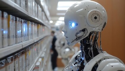 Fototapeta premium A photograph of robots with adaptive AI learning new inventory tasks, Robotics, Innovative and hightech