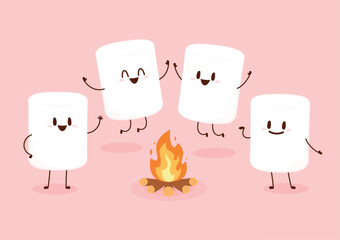 Marshmallow character. Marshmallow piece on skewer roasting on forest bonfire. bonfire vector. Marshmallow cartoon vector. 