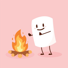 Marshmallow character. Marshmallow piece on skewer roasting on forest bonfire. bonfire vector. Marshmallow cartoon vector. 