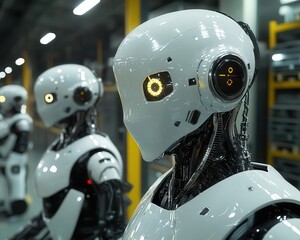 Fototapeta premium A photograph of selflearning robots adapting to changes in a warehouse, Robotics, Advanced and intelligent