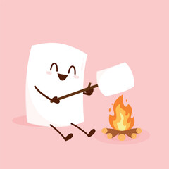 Marshmallow character. Marshmallow piece on skewer roasting on forest bonfire. bonfire vector. Marshmallow cartoon vector. 