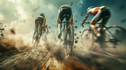 Cyclists race intensely through a dusty, gravel path in an off-road cycling event, capturing the essence of speed, competition, and adrenaline.