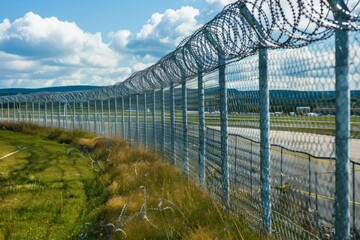 Razor barbed wire or concertina razor coil barrier security fence restricted security area in airport. Neural network ai generated art