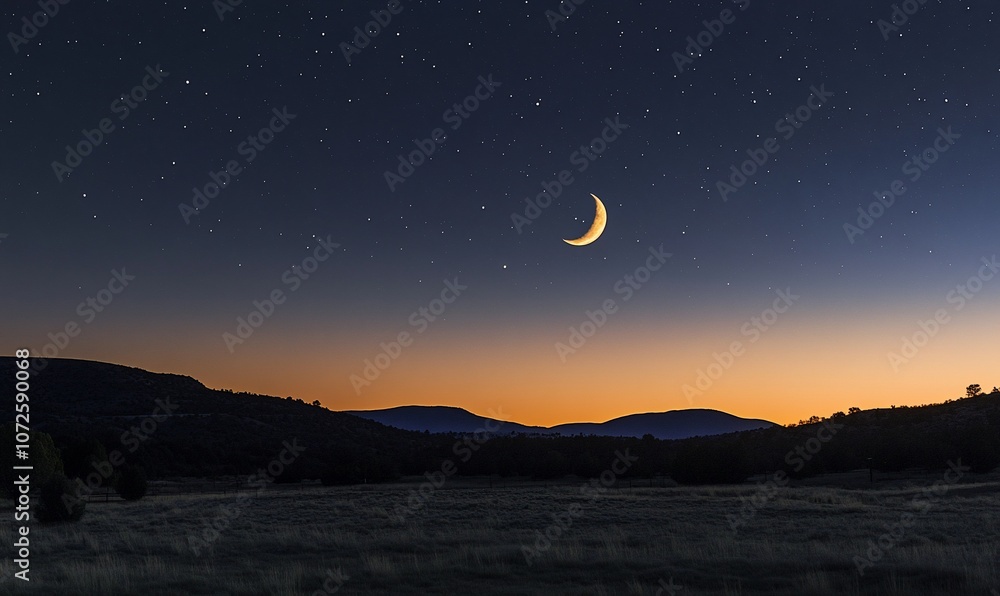 Poster A crescent moon hangs in the night sky above a field of grass and a range of hills. The sky is filled with stars.
