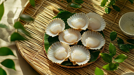 Fresh scallops arranged on a bamboo tray