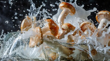 A Dynamic and Colorful Splash of Fresh Mushrooms Happening in Water for Culinary and Cooking Purposes