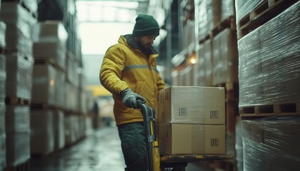 A shot of a worker handling large boxes with a pallet jack, Material Handling, Active and systematic