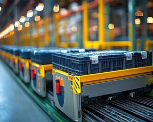 Obraz premium A shot of automated guided carts transporting items in a warehouse, Automation, Hightech and systematic