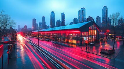 Fototapeta premium Dynamic Cityscape at Night with Long Exposure Light Trails from Cars and Trains