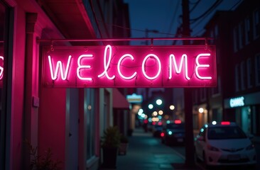 Neon welcome sign glowing in dark street scene. Urban welcome sign with glowing pink neon effect