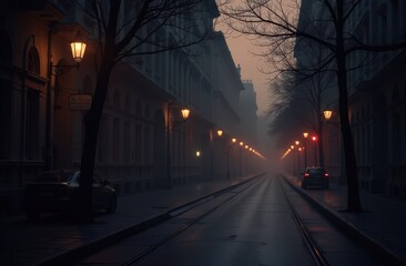 Obraz premium Night foggy city, light from lights, road along night houses