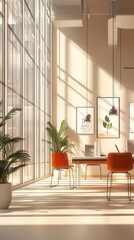 Futuristic coworking space, clean lines in Cinnamon Slate, flat design illustration