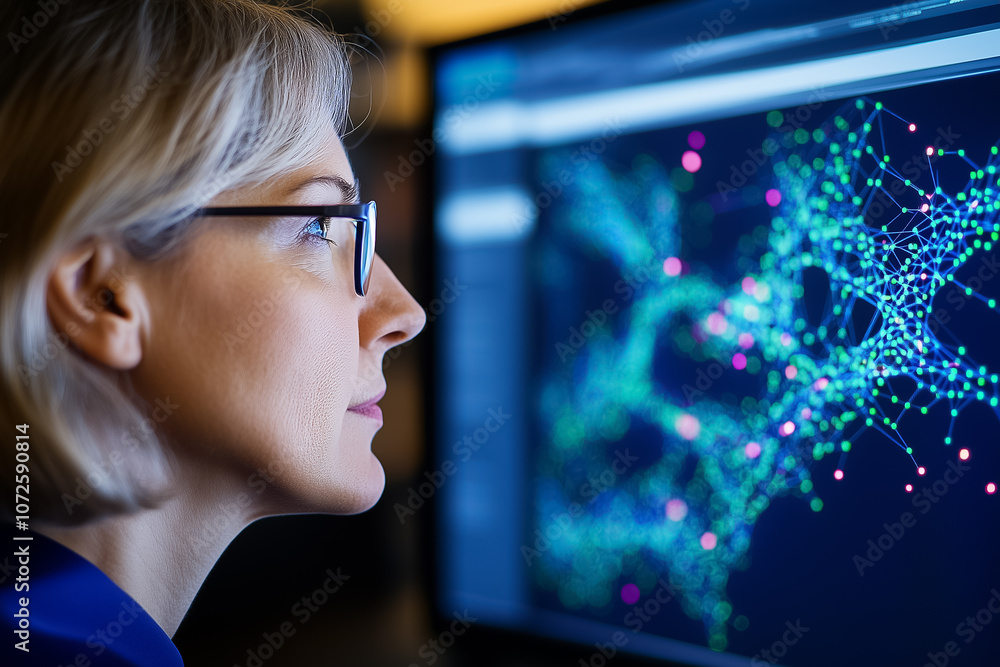 Poster the scientist examines intricate data patterns on her computer, deep in thought during nighttime res