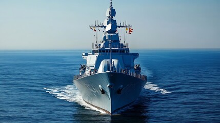 A naval warship navigating through calm waters, showcasing military presence and technology.