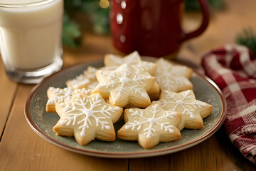 Delicious star-shaped cookies with intricate icing designs accompany a glass of milk on a beautiful decorative plate, evoking cozy holiday and festive feelings.