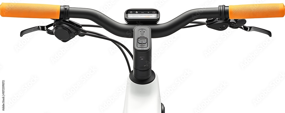 Poster a close-up view of a bicycle handlebar with orange grips and control buttons.