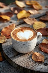 Coffee Cup on Wooden Table with Autumn Leaves - A cup of coffee on a wooden table set against an autumn leaves backdrop.