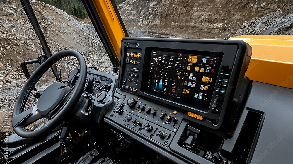 Poster interior view of a heavy machinery control panel with digital display and various controls.