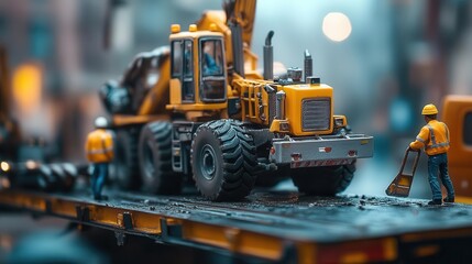 A shot of workers loading heavy machinery onto a flatbed truck, Heavy Cargo, Skilled and precise
