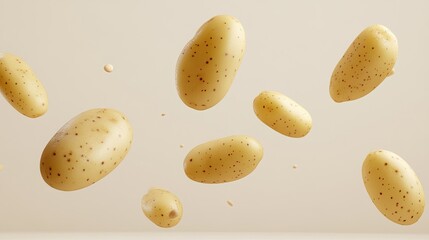 Obraz premium A group of potatoes falling against a neutral background.