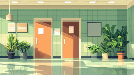 Urban healthcare facility with green elements, Cinnamon Slate palette, flat design illustration