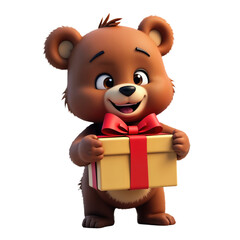Obraz premium Happy brown bear cub holding gift box tied with red ribbon. Cartoon animal character with happy expression, perfect illustration for birthday, holiday special occasion greeting cards. Perfect for Png.