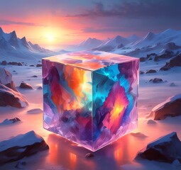 Obraz premium Illustration of colored mineral stone in frozen cube.