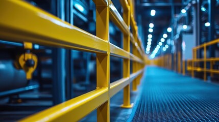 A wideangle photograph of safety rails installed on high shelves, Equipment, Safe and supportive