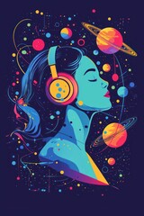 Colorful Symbols and Planets with Woman - A stylized flat design of a woman with headphones surrounded by colorful symbols and planets on a blue background.