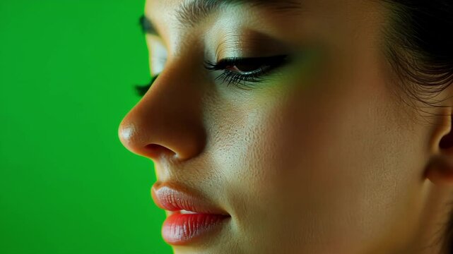 Makeup artist applying cosmetics to a model on a green screen background. The model is posing, showing the makeup application process