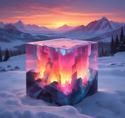 Illustration of colored mineral stone in frozen cube.