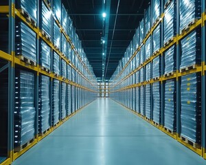 Fototapeta premium A wideangle view of a fully automated warehouse with robotic arms, Automation, Advanced and hightech