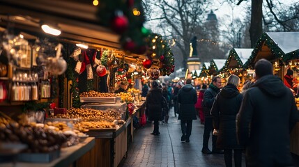 Naklejka premium A bustling Christmas market with stalls full of festive