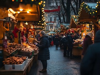 Obraz premium A bustling Christmas market with stalls full of festive