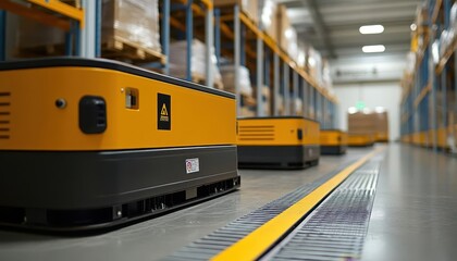 Fototapeta premium A wideangle view of automated guided carts AGCs delivering goods in a warehouse, Automation, Systematic and advanced