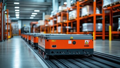 A wideangle view of automated guided carts AGCs delivering goods in a warehouse, Automation, Systematic and advanced