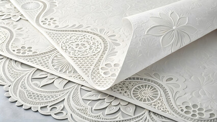 Elegant folded paper with intricate floral patterns and lace design in white color