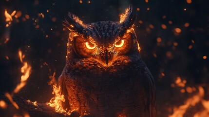A fiery owl with glowing eyes stares intensely at the viewer amidst a raging inferno.