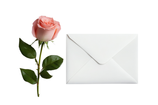 Pink rose with a white envelope on white background. PNG transparent.