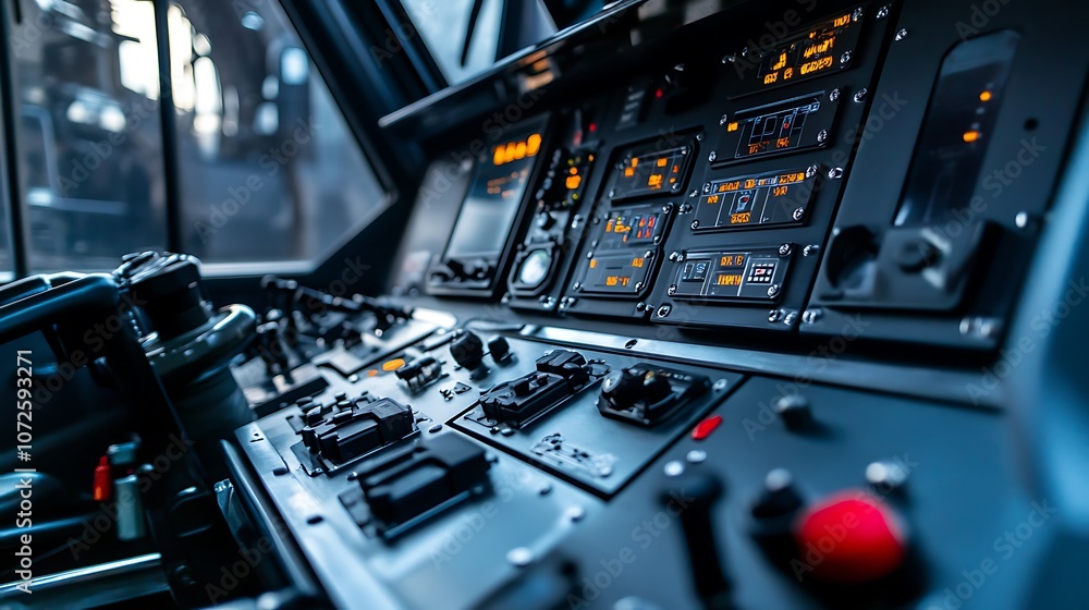 Poster detailed view of a control panel in a transport vehicle, showcasing various controls and indicators.