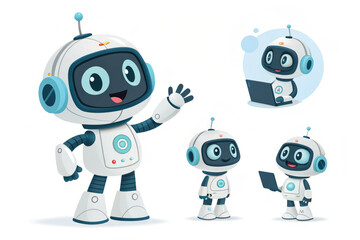 Set of Ai chatbot 3D render. Neural cute mascot in various pose, robot waving hand. Smart robotic character. Isolated vector illustration. Help assistance, artificial intelligence support device.
