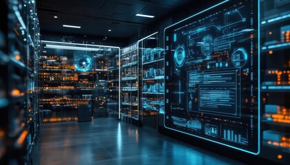 Obraz premium A wideangle view of smart shelves with sensors monitoring inventory levels, Technology, Hightech and organized