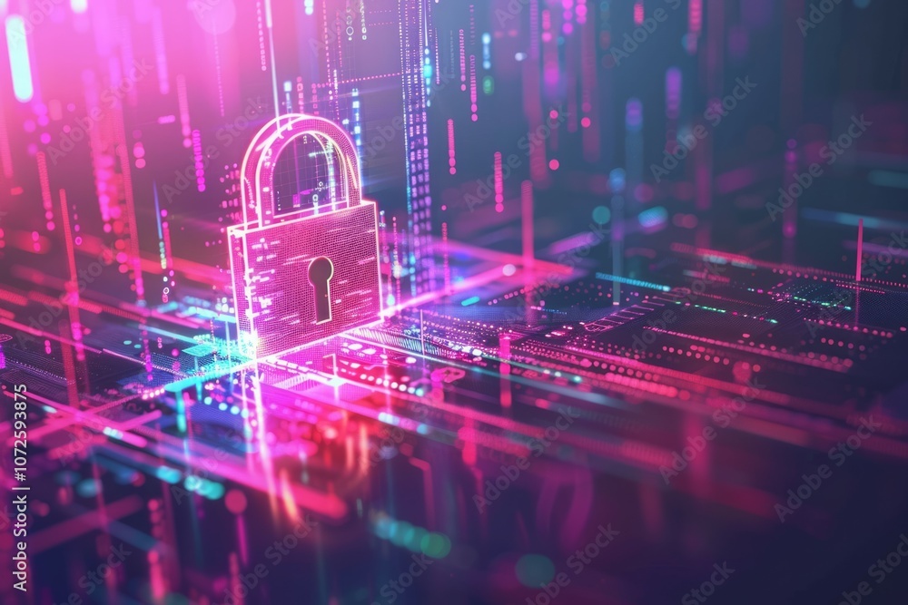 Poster cyber security lock glowing in dark red and blue cyberspace chip surface. neural network ai generate
