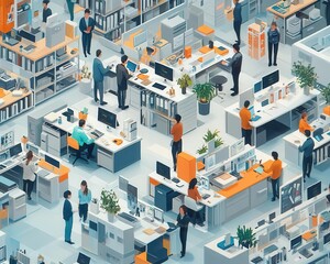 A wideangle view of workers at multifunctional workstations, Productivity, Efficient and active