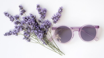 Lavender sunglasses isolated on a lavender background.