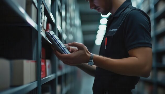 A worker updating inventory counts on a digital device, Inventory, Focused and efficient