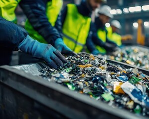 Workers conducting a carbon footprint audit in a logistics center, Sustainability, Attentive and technical